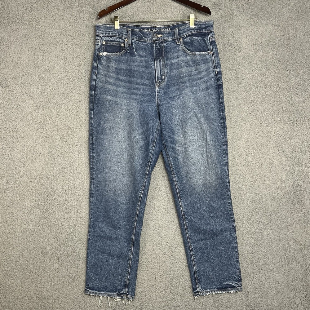 American Eagle Jeans Womens 14 Blue Straight Super High Rise Distressed